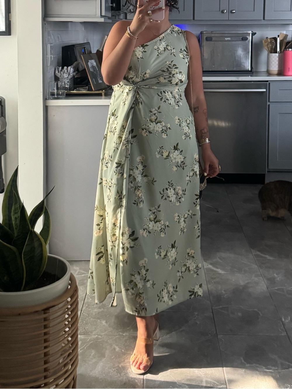 BloomChic One-Shoulder Sage Green Floral Dress